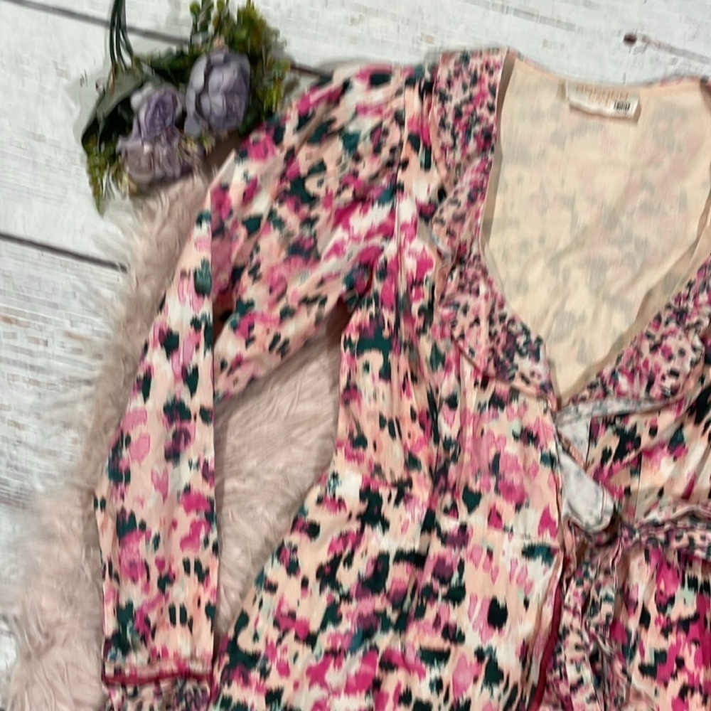 Rococo Sand Mimi Ruffle Trim Long Sleeve Mini Wrap Dress Pink Floral Barbiecore - Picture 5 of 11